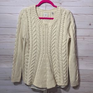 CAbi Women's Ivory  Cable Knit Lace Up Split Panel Pullover Sweater